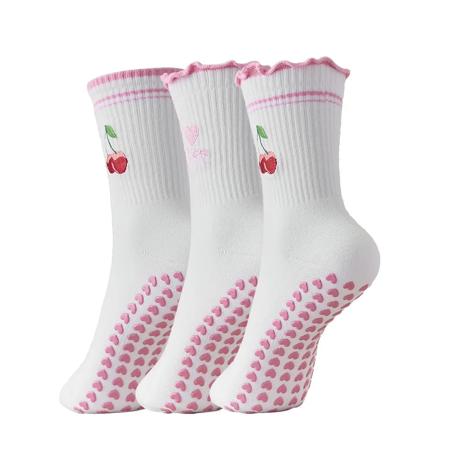 3 pairs, Cute 3 Pairs Pilates Socks with Grips Ruffle Yoga Sock Grip Socks for Women
