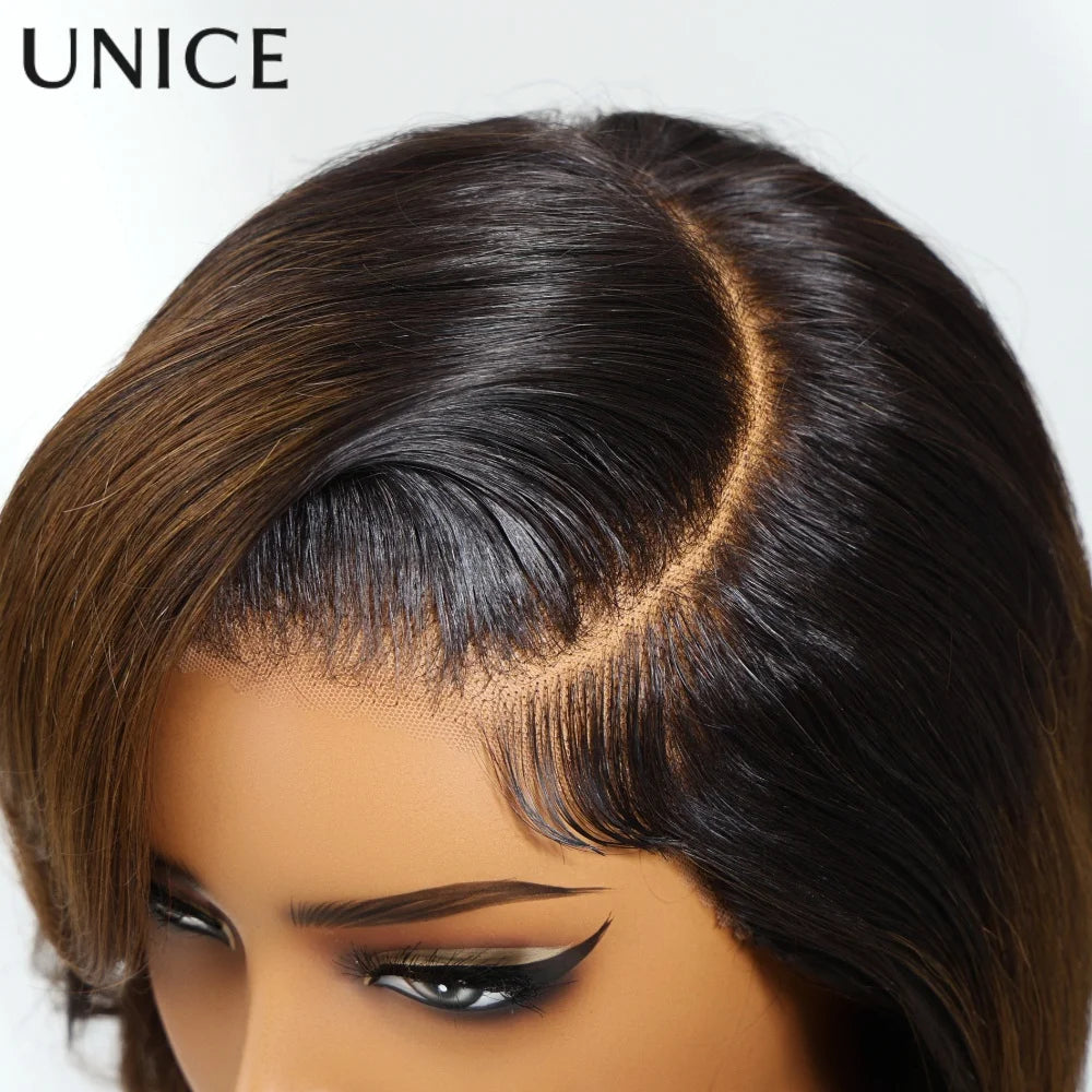 UNice 7x5 Lace Front Wig Human Hair Bye Bye Knots Light Brown with Black Roots Bob Style Side Part Adjustable Drawstring
