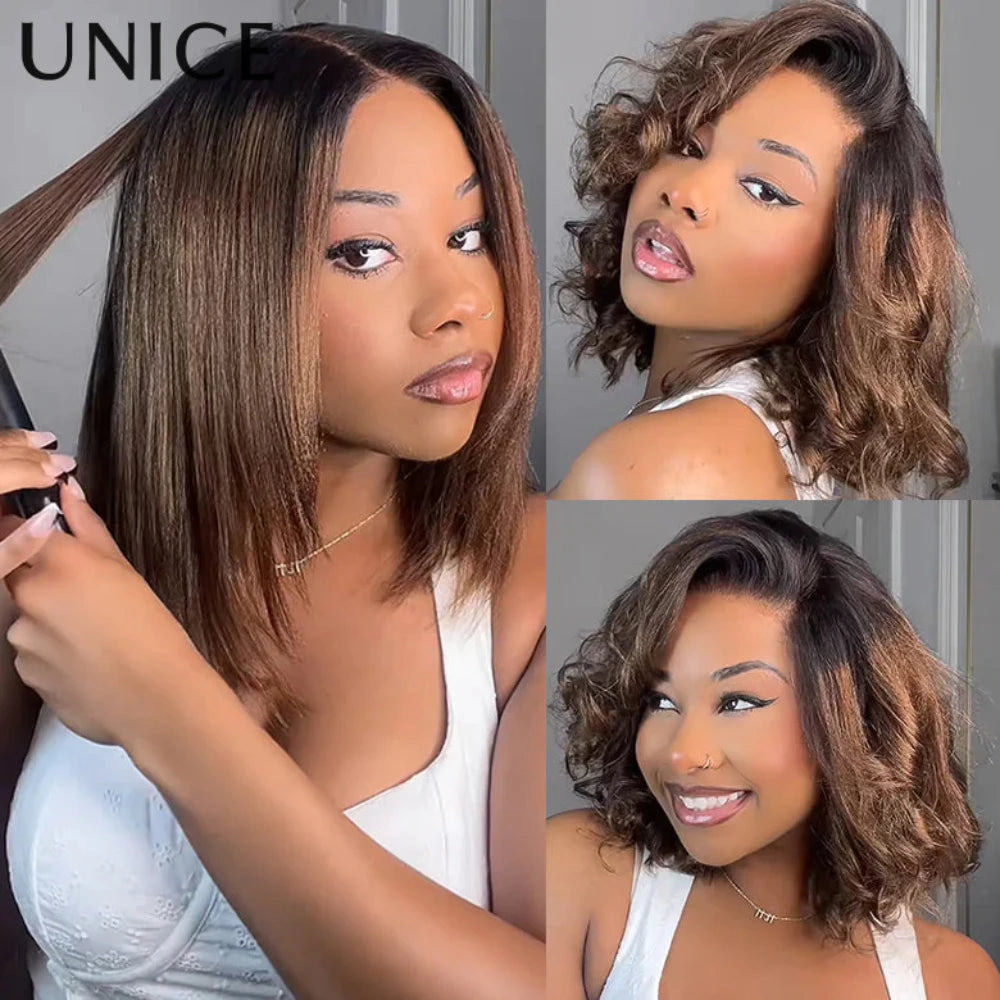 Unice Hair 7x5 Bye-Bye Knots Chestnut Brown Ombre Yaki Straight Bob Wig Human Hair Pre Cut Pre Bleached Glueless Wig