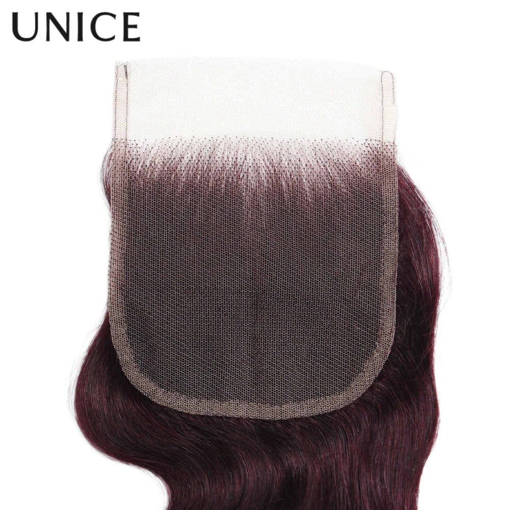 UNICE Hair Black Cherry Body Wave Human Hair 2/3/4 Bundles With 4x4 Lace Closure