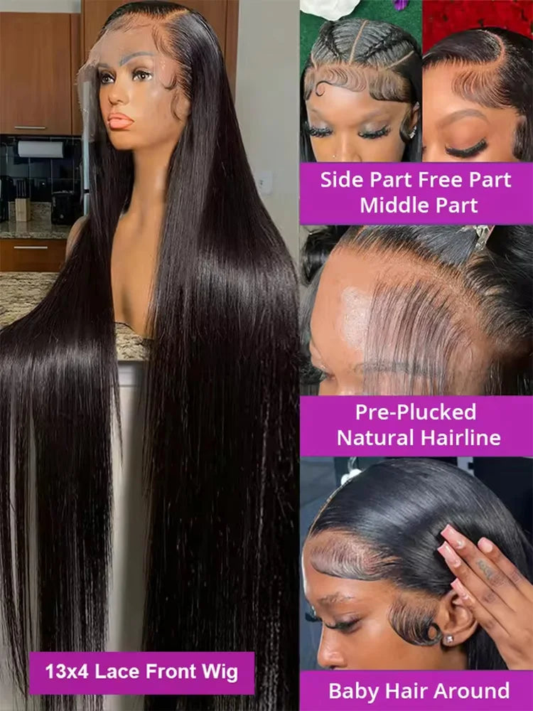 40 42 Inch 13x4 13x6 HD Transparent Bone Straight Lace Front Wigs 250 Density 360 Full Lace Brazilian Human Hair Wigs For Women