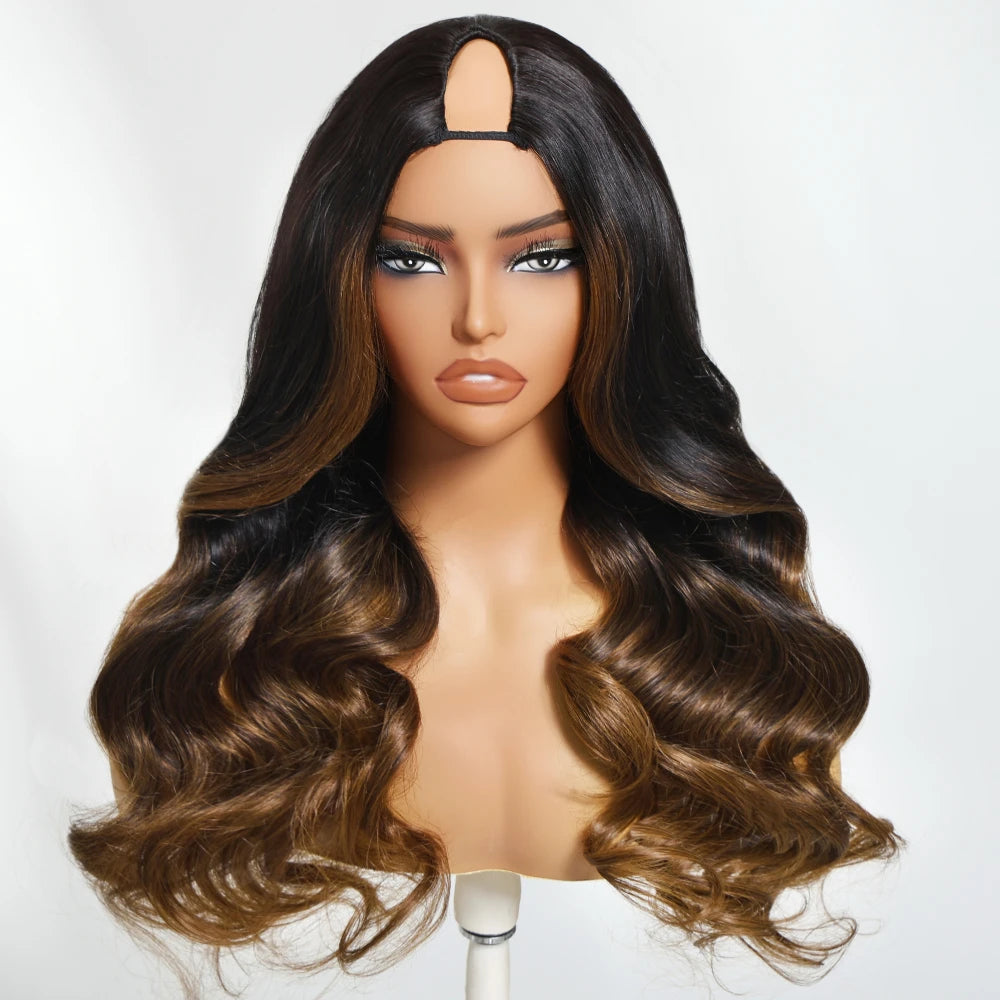 UNICE Hair EasiContour Drawstring V Part Wig Chestnut Brown Ombre Human Hair Body Wave Wig Mini Leave-out VPart Wig 150% Density