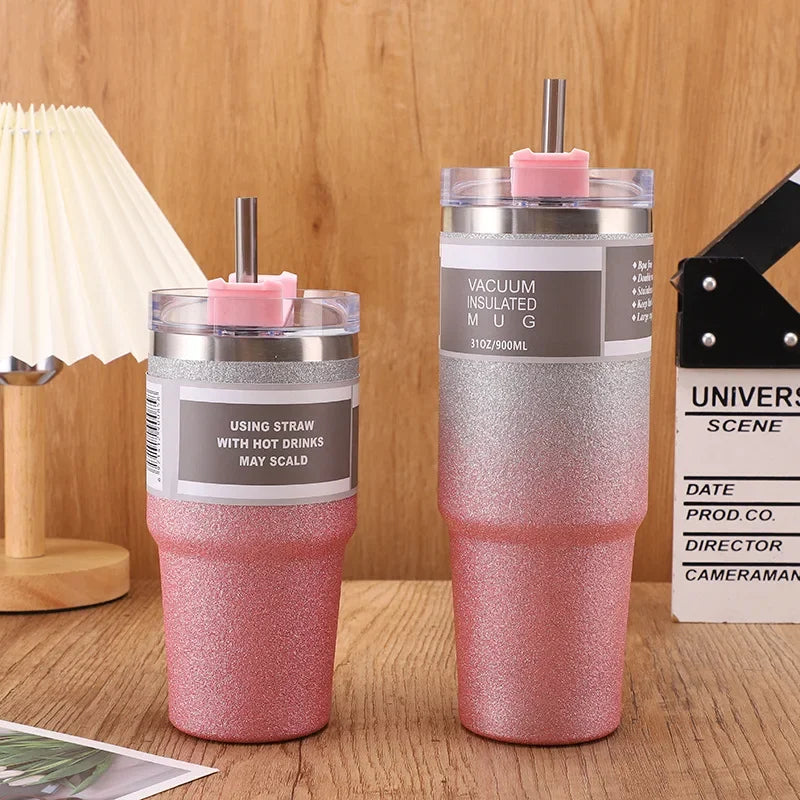 600/900ml Stainless Steel Coffee Mug Diamond Paint Thermos Cup with Lid and Straw With Handle Insulated Tumblers Vacuum Beer Cup