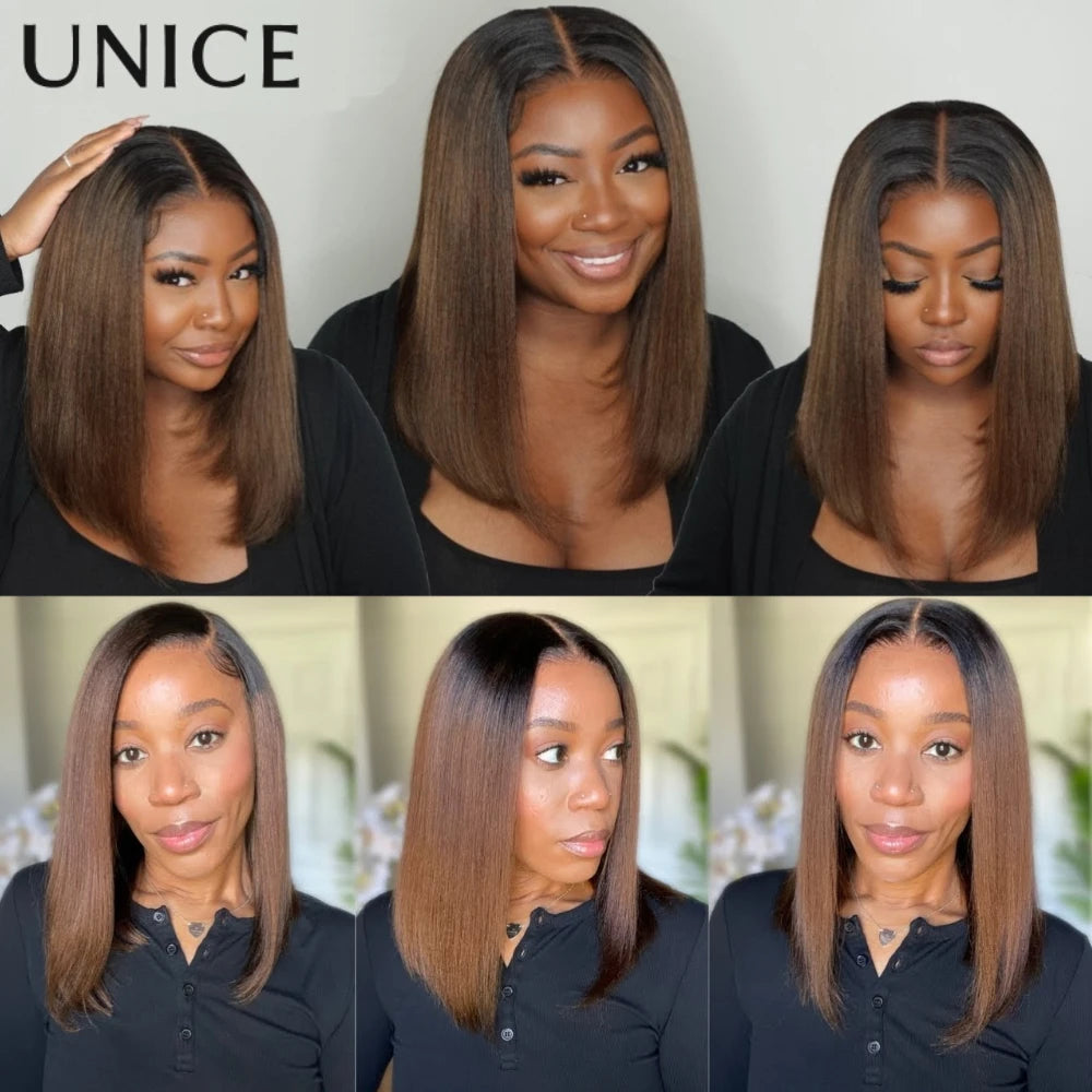 Unice Hair 7x5 Bye-Bye Knots Chestnut Brown Ombre Yaki Straight Bob Wig Human Hair Pre Cut Pre Bleached Glueless Wig
