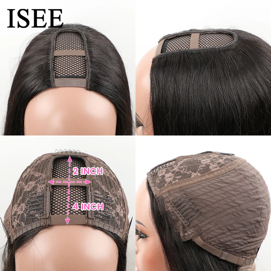 Isee Silky Straight U Part Wigs For Women Glueless Malaysian Straight 100% Human Hair Wigs 180% Density  U Shape Wigs
