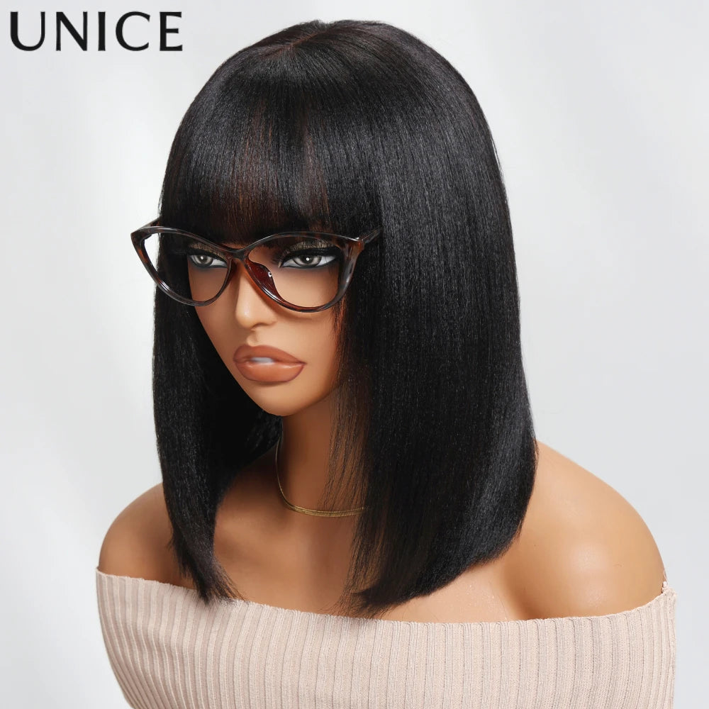 Unice Hair Yaki Straight Bob Wig With Bangs Real Scalp Middle Part 4x2 Lace Glueless Wig Human Hair Ready To Wear 150% Density