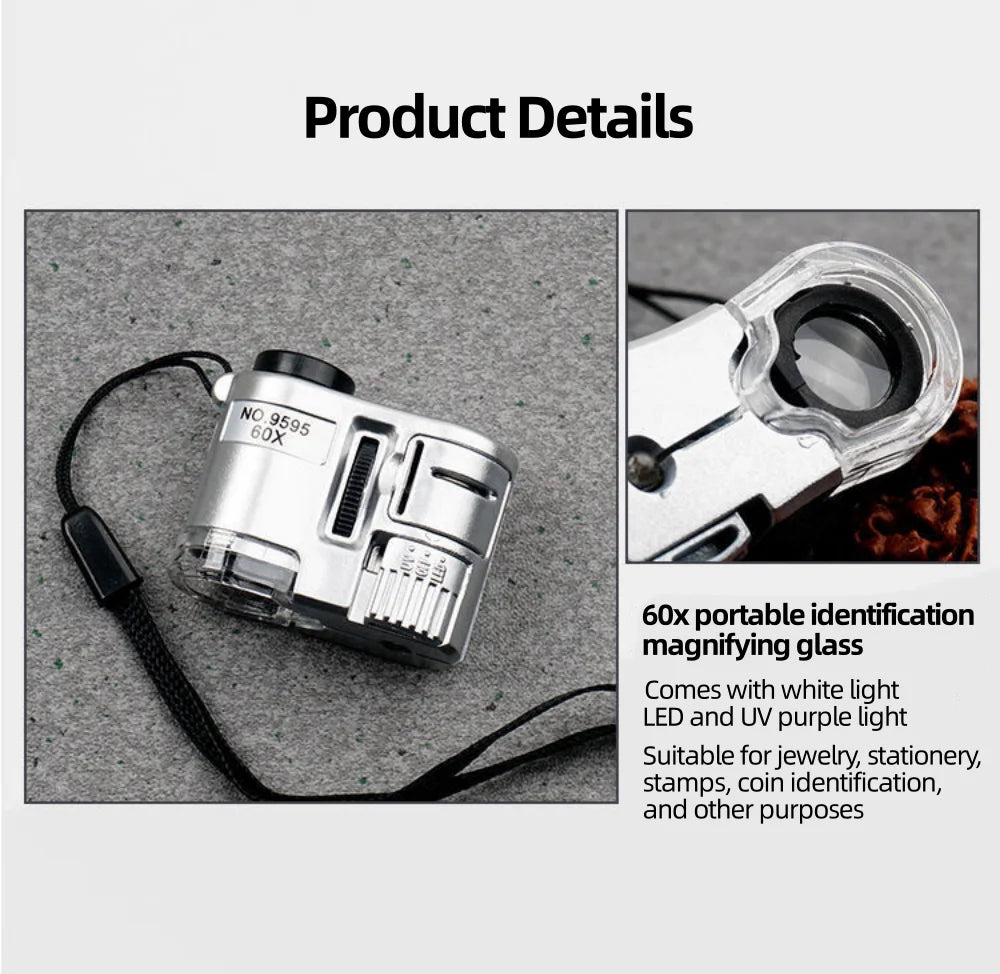 60X Handheld Magnifying Glass Mini Pocket UV Magnifier Portable Jeweler Microscope Loupe With LED Light