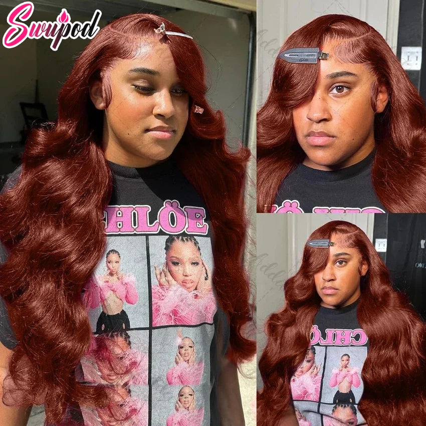 Premium 250% Density Auburn Reddish Brown Body Wave Lace Front Wig - 30-32 Inch Brazilian Human Hair HD Lace Wig
