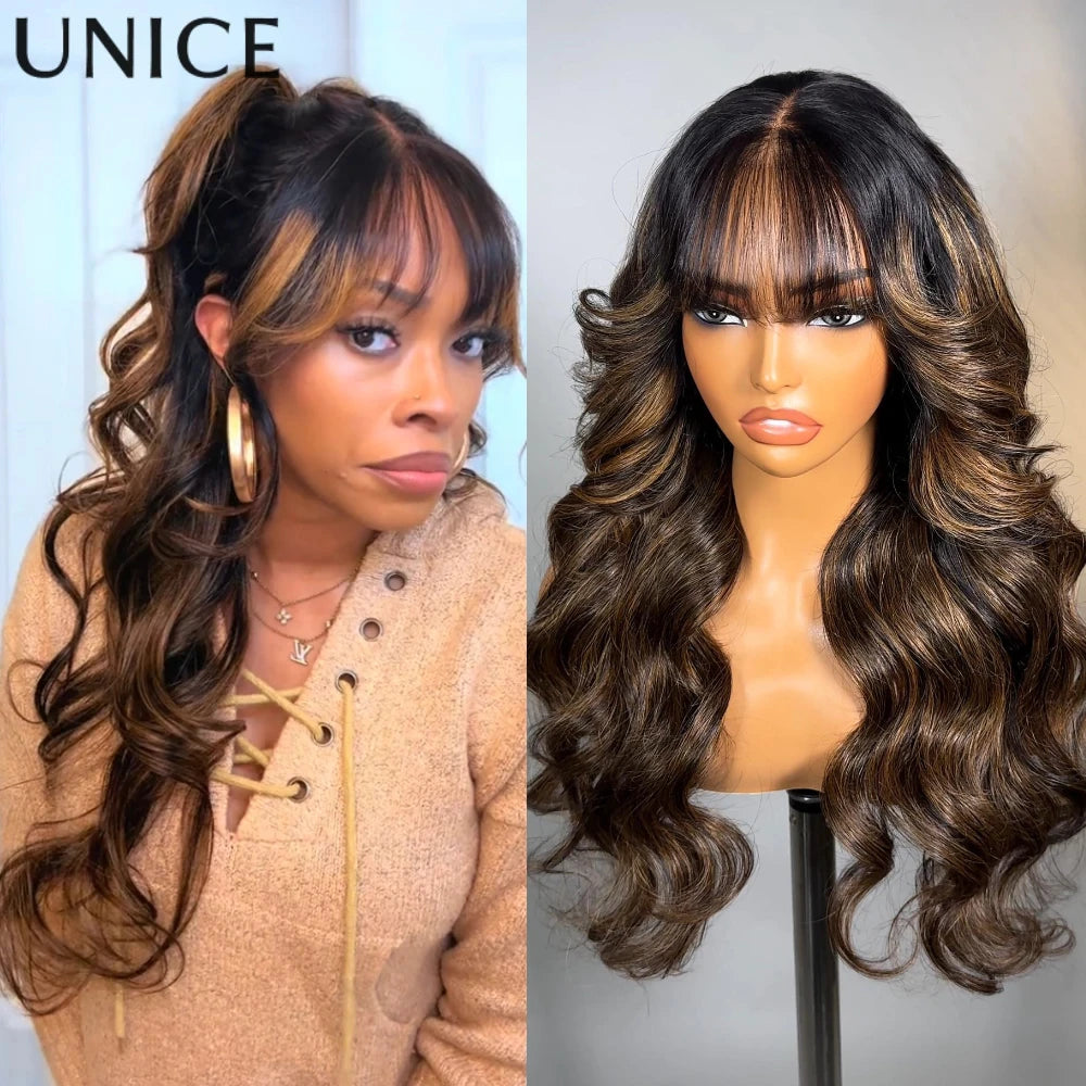 UNICE Hair Balayage Highlights Fluffy Loose Wave Wig With Curtain Bangs 7x5 13x4 Lace Front Human Hair Wigs With Drawstring