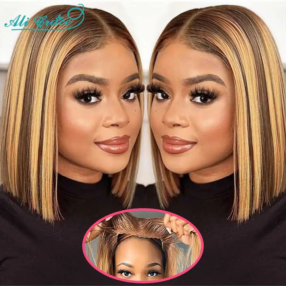Ali Grace Highlight Brown Wig Straight Short Bob Wigs Ombre Color Human Hair Wigs 4X4 Lace Closure Wig Blunt Bob Wig Pre-Plucked