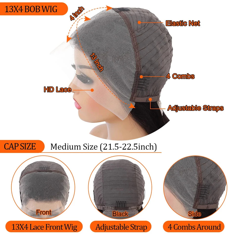 Premium 14 Inch Glueless Bob Wig - 100% Brazilian Remy Human Hair HD Lace Frontal Wig