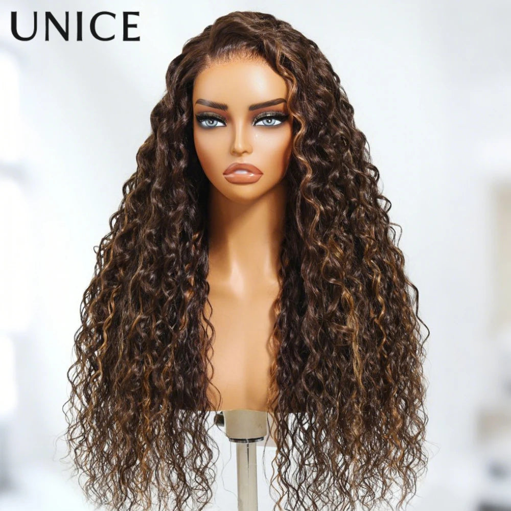 UNice Hair Coffee Brown Water Wave Wig With Auburn Highlights 7x5 Lace Pre Cut Pre Bleached Glueless Wig Human Hair 150% Density