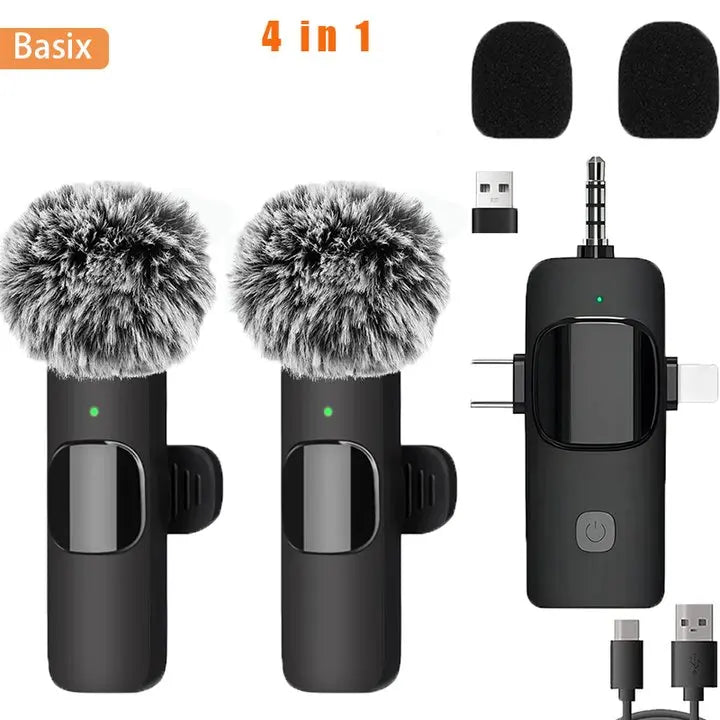 Basix Professional 4in1 Wireless Lavalier Microphone for iPhone Android 3.5mm for Live Recording Noise Cancelling Mini Microphon
