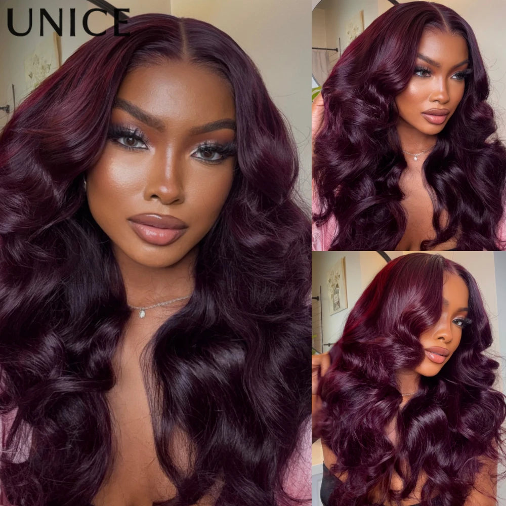 UNICE Black Cherry Loose Wave Curtain Bangs Wig With Invisi Drawstring 7x5 13x4 Pre Cut Pre Bleached Glueless Wig Human Hair
