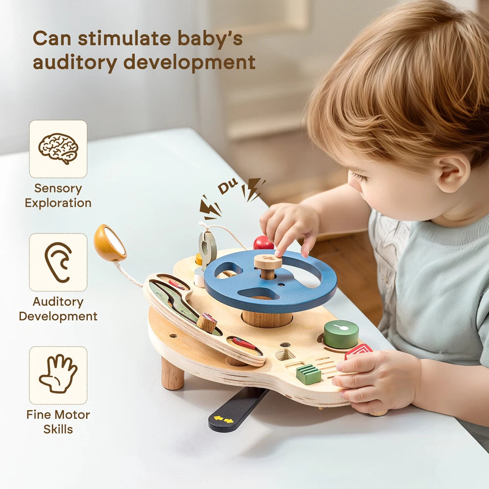 Montessori Simulation Car Steering Wheel Multi-Function Baby Wooden Early Sensory Education Toy Car Busy Board Game Toy Kid Gift