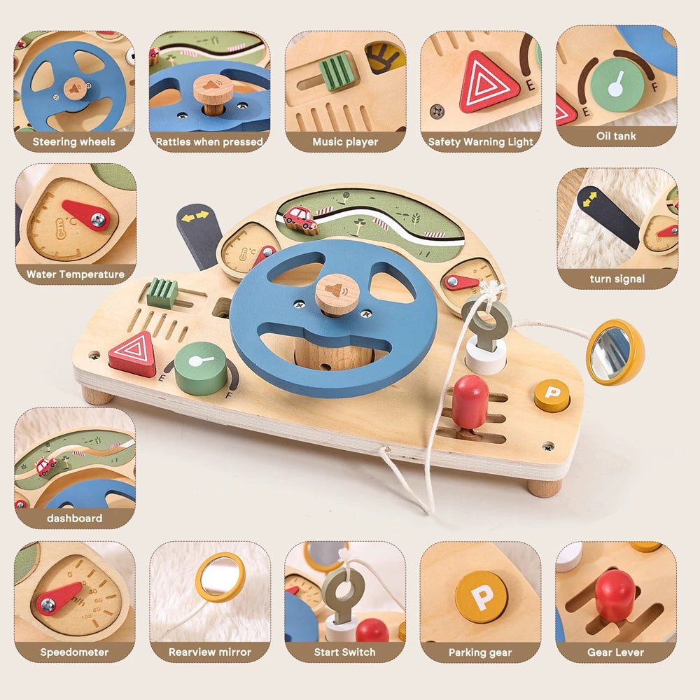 Montessori Simulation Car Steering Wheel Multi-Function Baby Wooden Early Sensory Education Toy Car Busy Board Game Toy Kid Gift