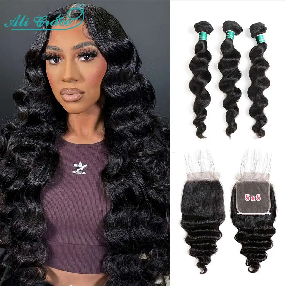 Ali Grace Hair Loose Wave Transparent 5x5 Lace Closure with Hair Bundles Brazilian Human Hair Loose Wave 3 Bundles With Closure