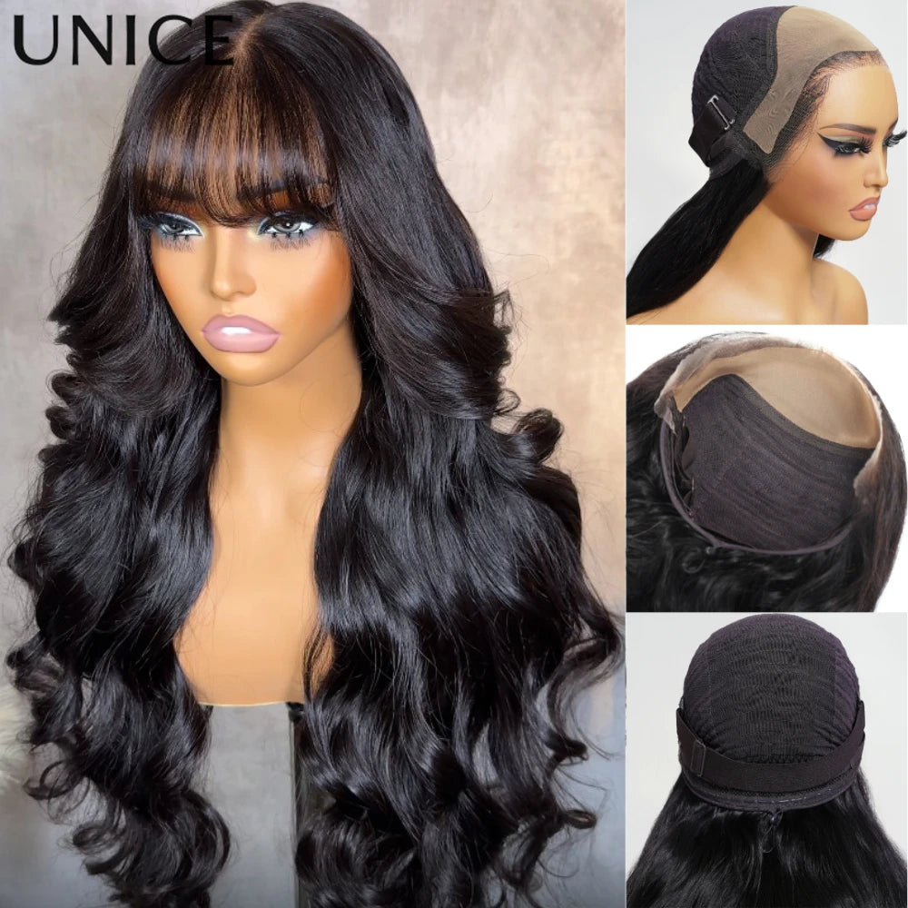 UNice 13x4 Pre-Everything™ Lace Frontal Pull And Go Black Fluffy Natural Loose Wave Curtain Bangs Wig With Free Ear Tape
