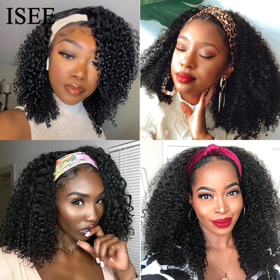 ISEE Hair Headband Wig Human Hair Kinky Curly Scarf Wigs For Women Brazilian Curly Wigs on Sale No Glue No Gel Full Machine Wigs