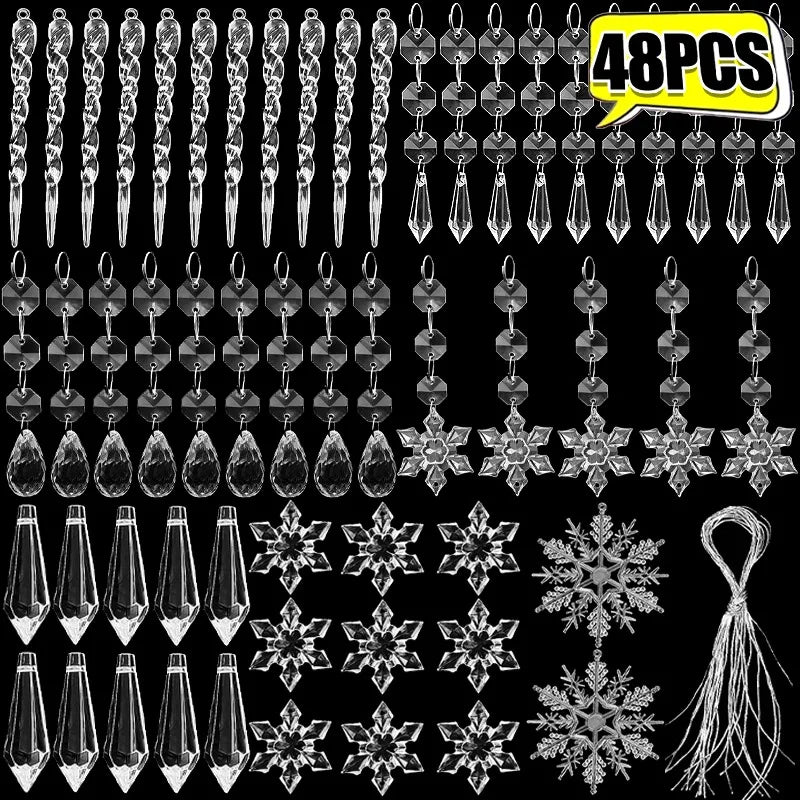 5-48Pcs Christmas Ornaments Crystal Tree Decorations Transparent Ice Strip Pendant DIY Teardrop Chandelier Xmas Wedding Beads