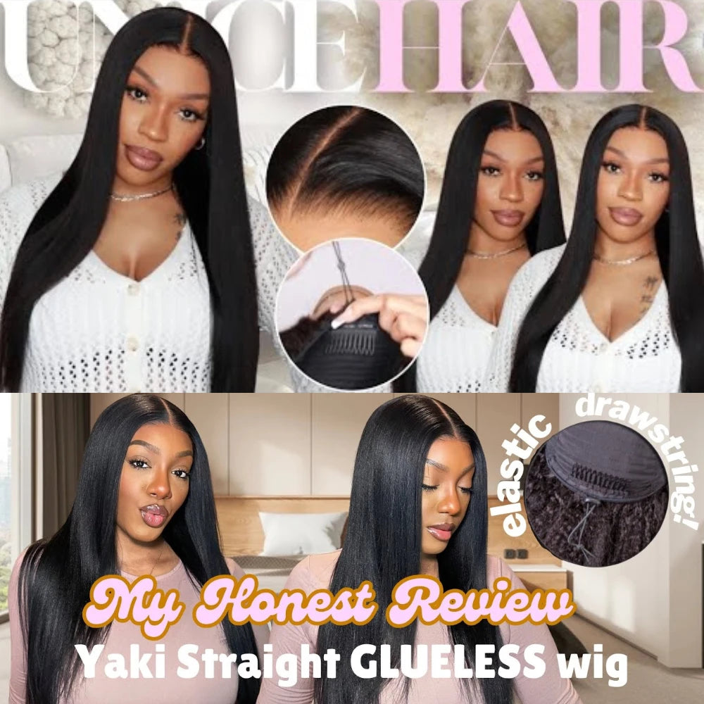 UNice Hair Upgrade Drawstring Yaki Straight Wig 7x5 Pre Cut Pre Bleached Glueless Wig Human Hair Ready To Wear 150% Density