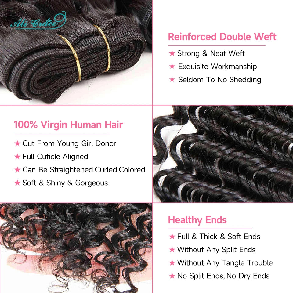 Ali Grace Hair Brazilian Deep Wave 3 Bundles 100% Brazilian Remy Hair 10-28 Inch Deep Curly Brazilian Human Hair For Black Women