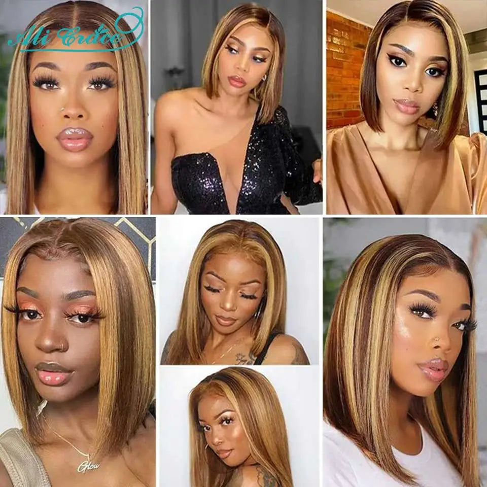 Ali Grace Highlight Brown Wig Straight Short Bob Wigs Ombre Color Human Hair Wigs 4X4 Lace Closure Wig Blunt Bob Wig Pre-Plucked