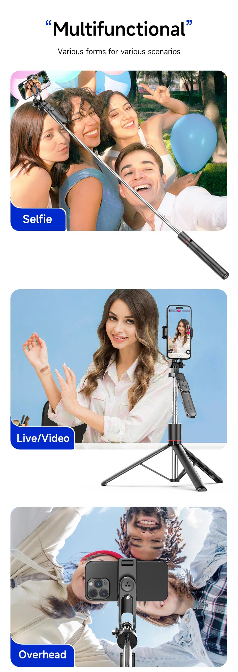 FANGTUOSI New 1.7M Wireless Selfie Stick Tripod Foldable Stand For Gopro Action Cameras Smartphones Balance Steady Shooting Live
