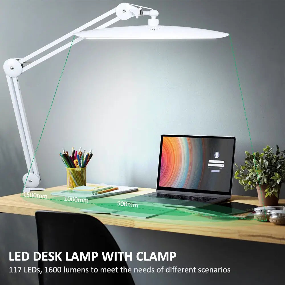 LED Task Desk Lamp 19 Inches Metal Swing Arm Eye-Caring Lash Extensions Lamp 117PCS LEDs for Nail Crafts Reading Head Work Lamp