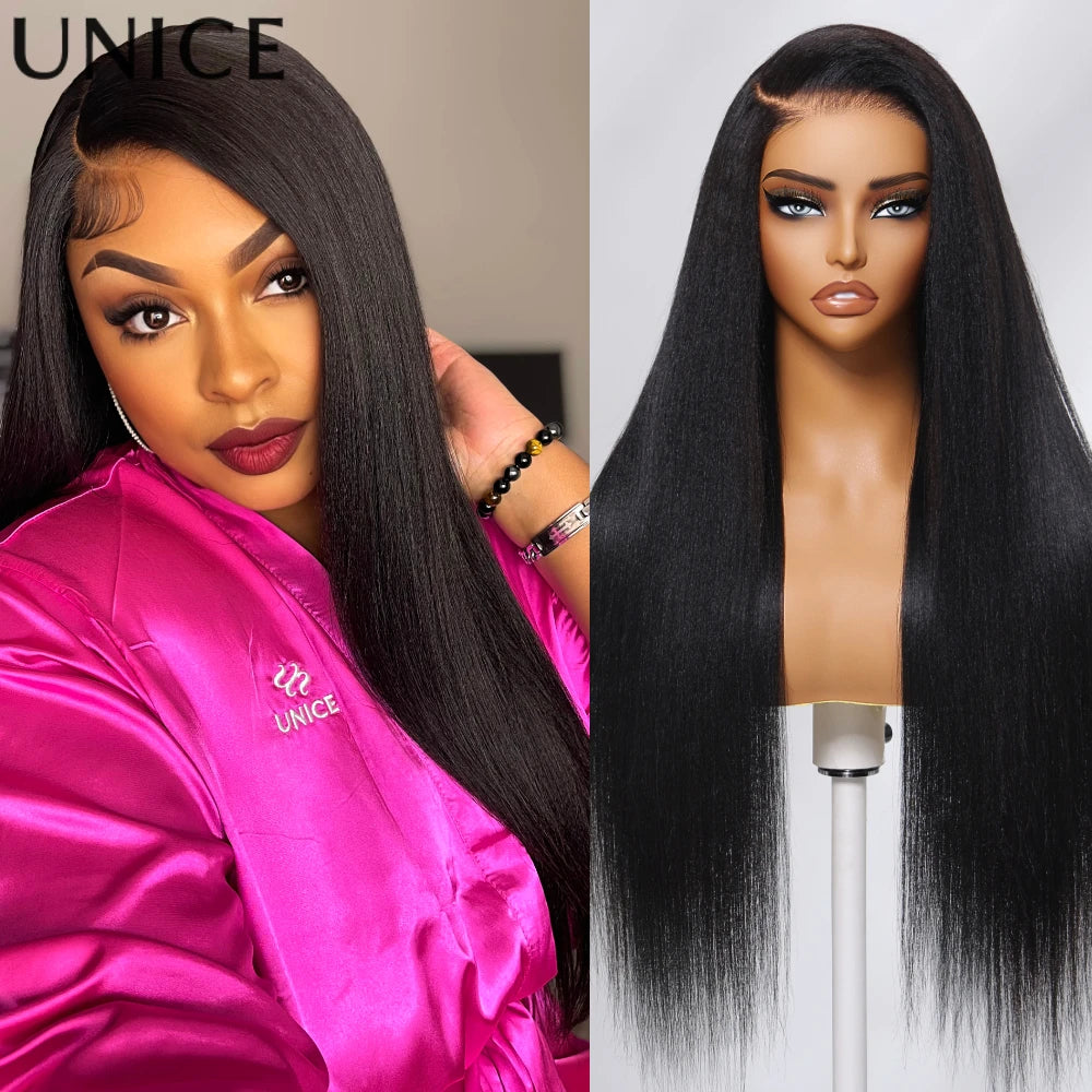 UNice Hair Upgrade Drawstring Yaki Straight Wig 7x5 Pre Cut Pre Bleached Glueless Wig Human Hair Ready To Wear 150% Density