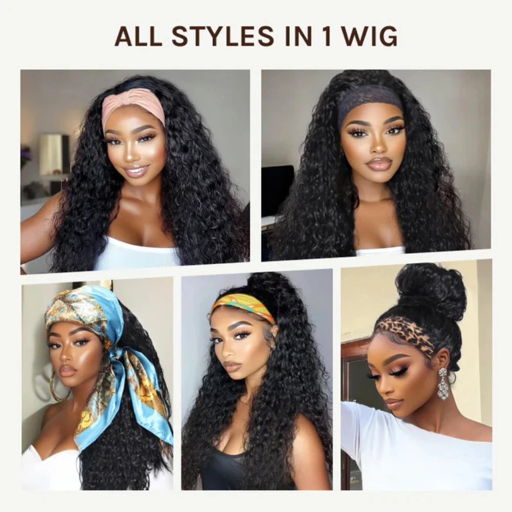 Unice Hair Upgrade Drawstring Mesh Lace Water Wave Headband Wigs Human Hair No Glue No Lace Fit For All Head Sizes