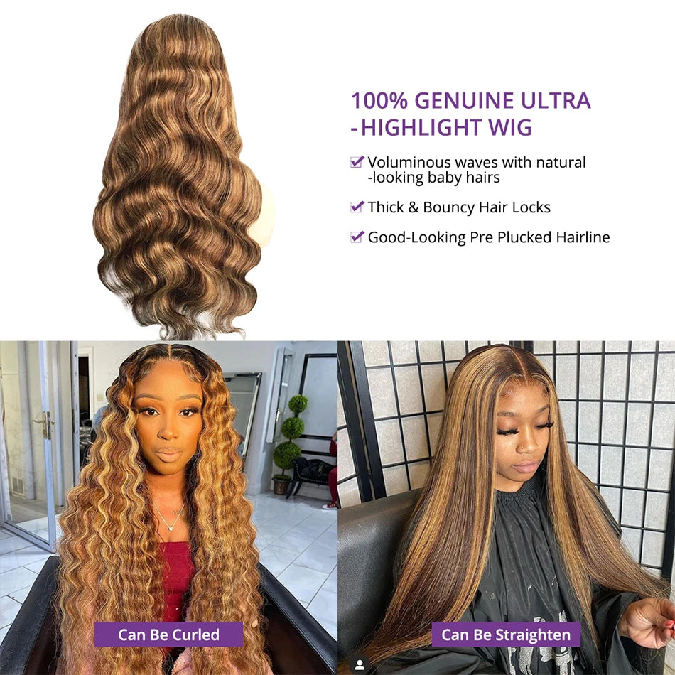 Premium HD Lace Frontal Wig - Honey Blonde Highlight Body Wave Human Hair Wig 13x4 13x6 Glueless Pre-Plucked