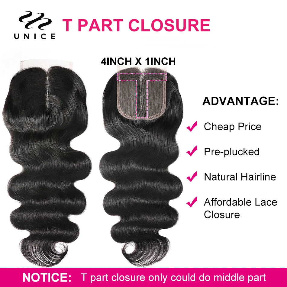 UNice Body Wave Human Hair Bundles With Closure Natural Color 100% Human Hair Bundles 3PCS With 4x1 / 4x4 / 5x5 HD Lace Closure
