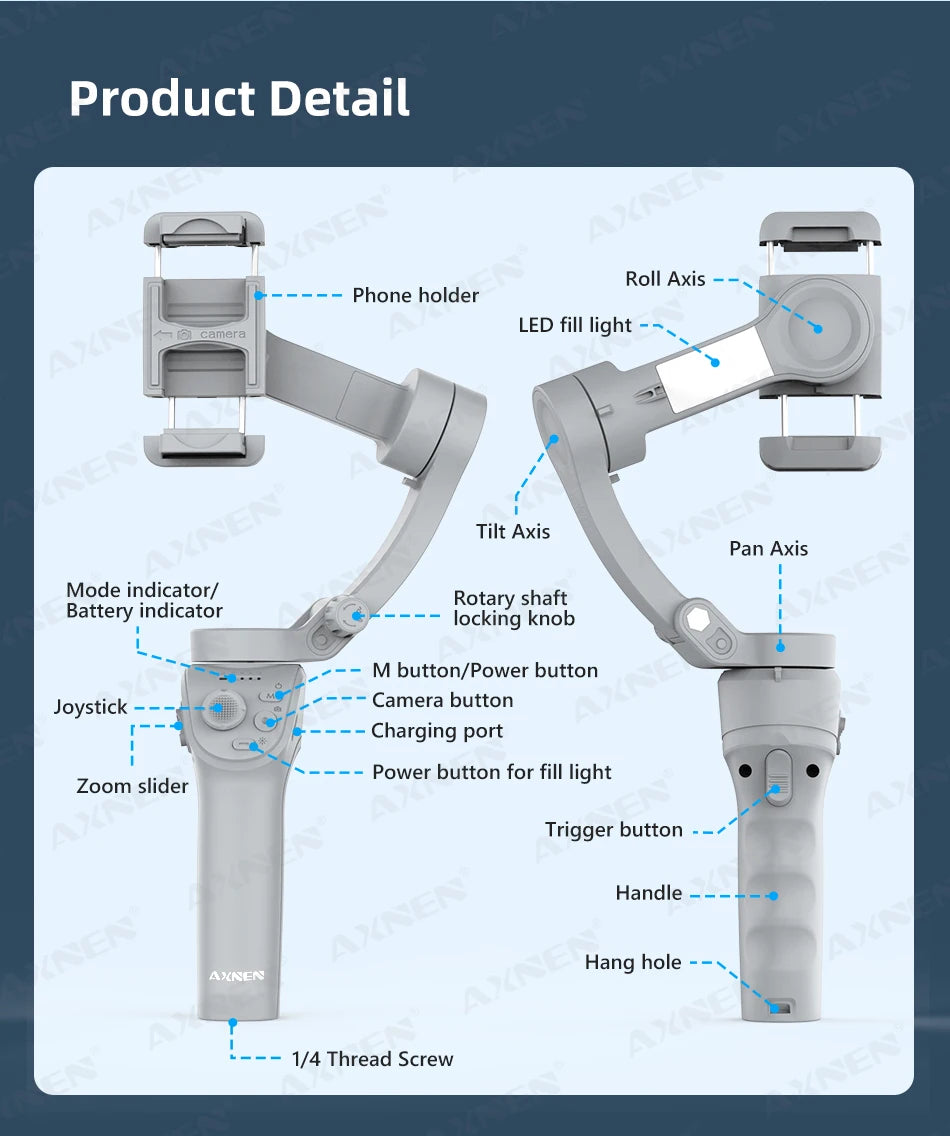 3 Axis Handheld Gimbal Stabilizer for Smartphone with Fill Light for iPhone Android Face Tracking Tiktok Vlog Smart Gimbals HQ6