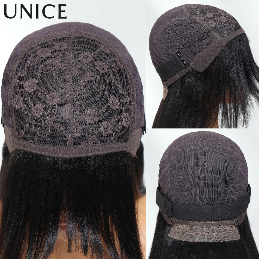 Unice Hair Layered Cut Yaki Straight Human Hair Wig With Bangs Full Machine Made Wig 150% Density
