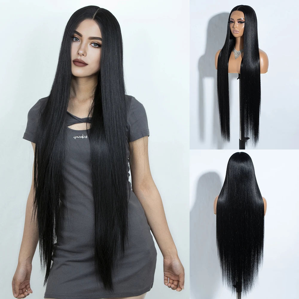 Premium 38 Inch Synthetic Lace Front Wig - Long Straight Heat Resistant Hair for Women