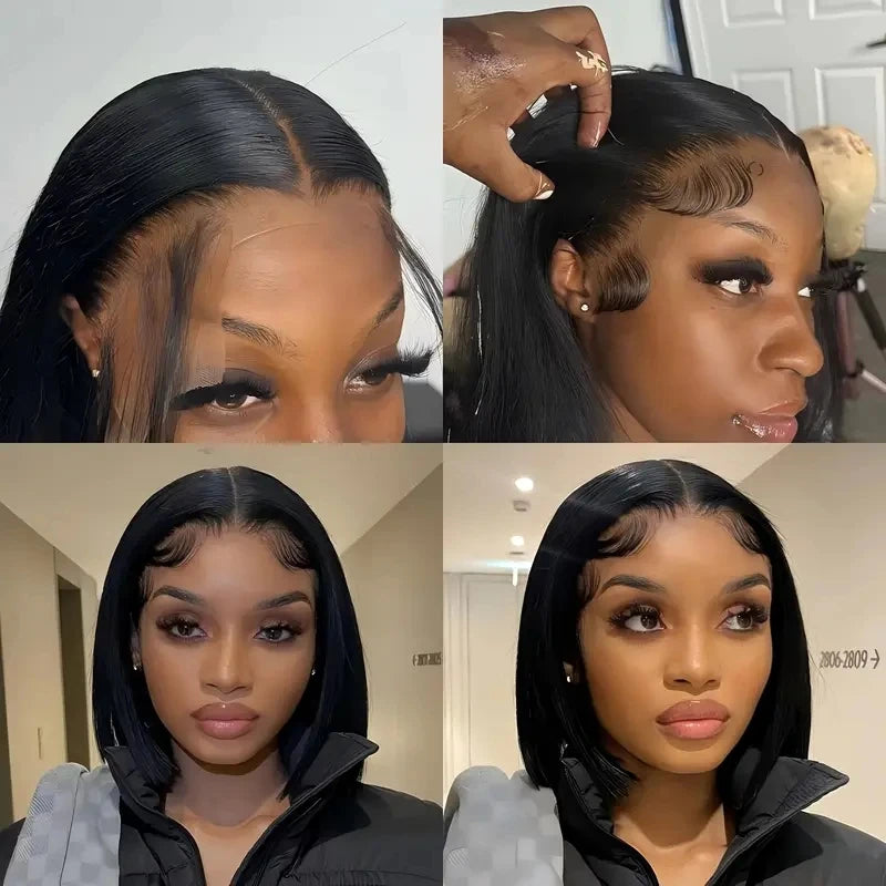 13x4 Lace Front Bob Wig Human Hair 200 Density Brazilian Virgin Straight Hair Wig Pre-Plucked Natural Black
