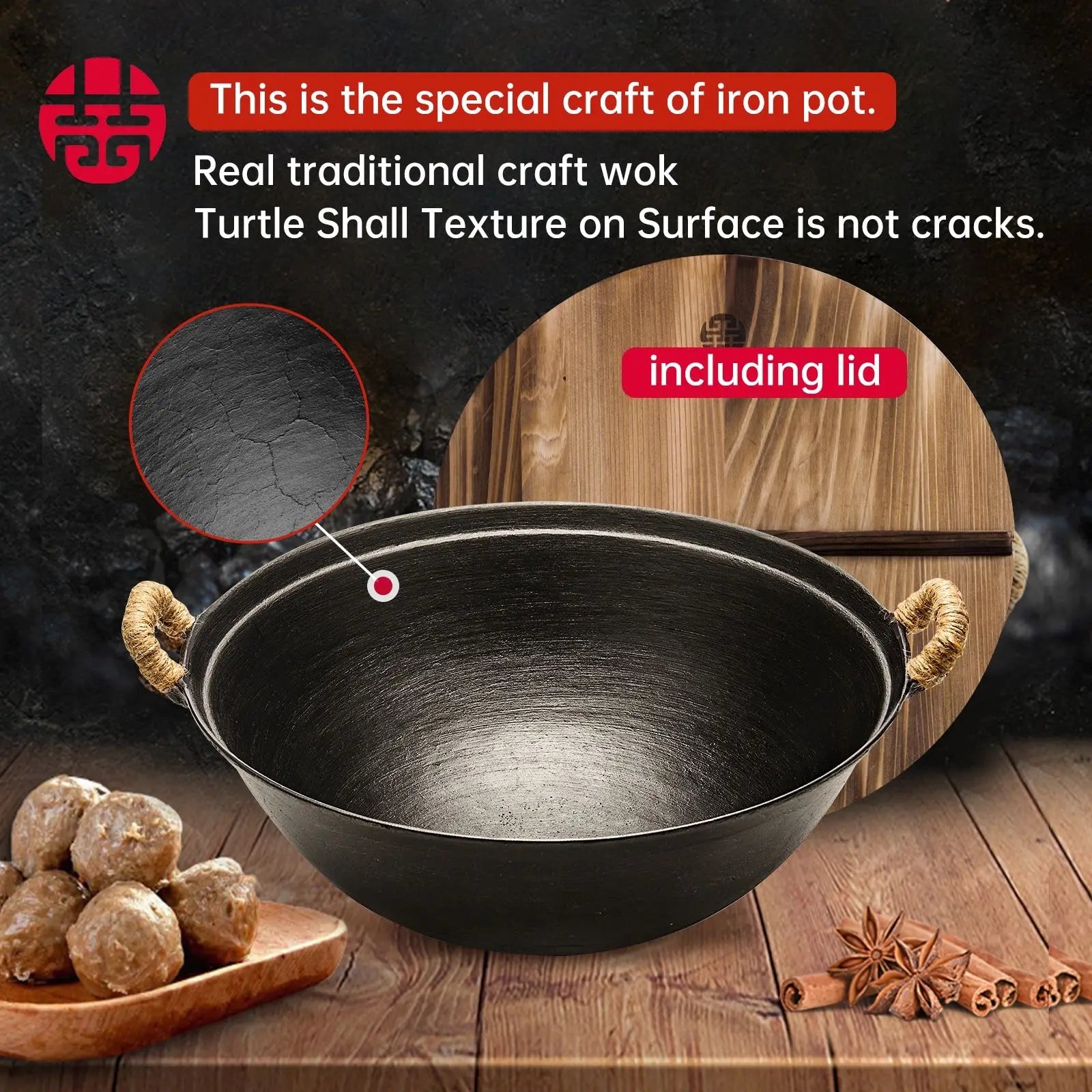 WANGYUANJI 14.2"Handmade Cast Iron Wok, Chinese Traditional Round Bottom Wok with Dual Handle, Suitable for All Cooktops, Uncoat
