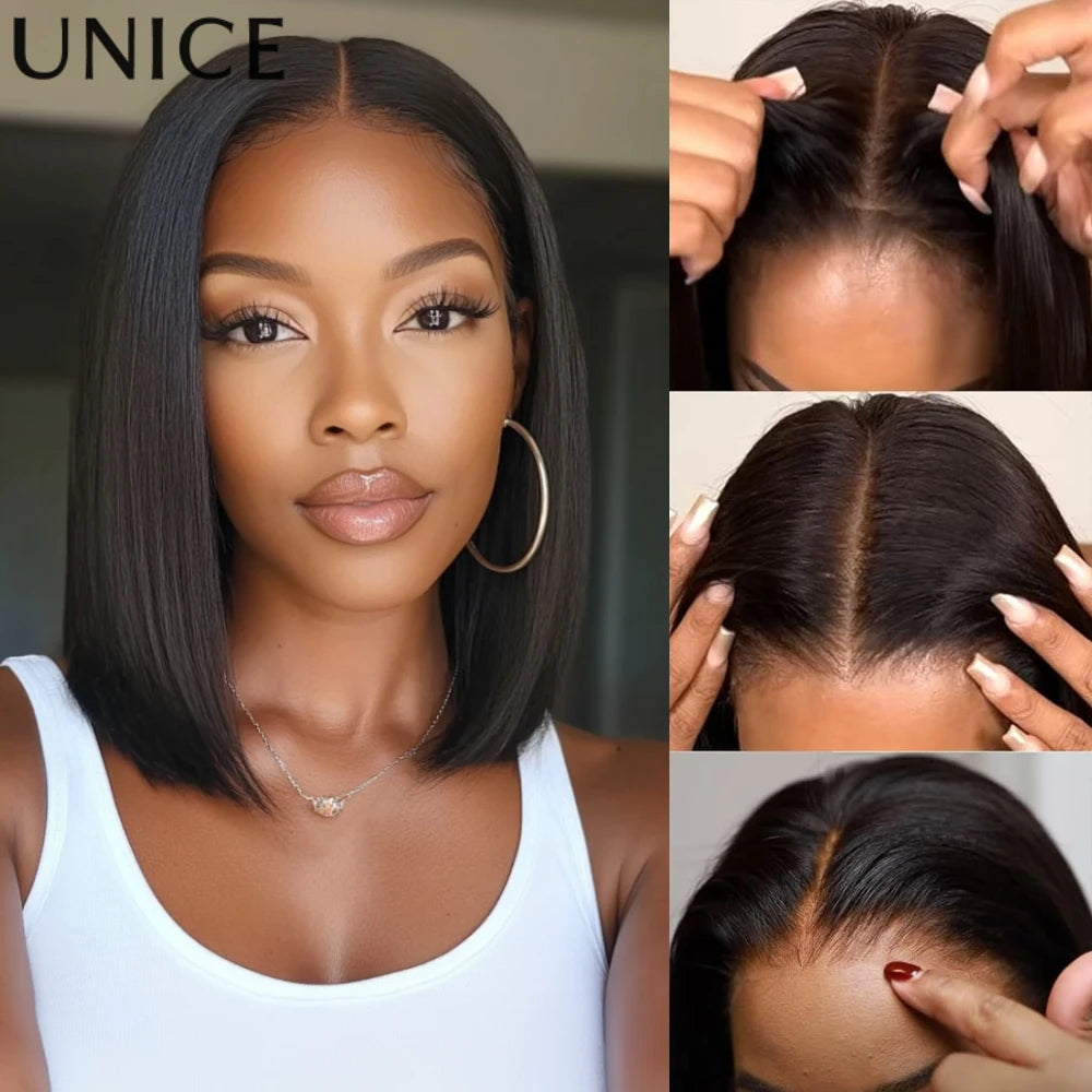 UNice Bye-Bye Knots 7x5 Lace Brown Piano Highlights Straight Bob Wig With Dark Roots Glueless Bob Wigs Human Hair Ready To Wear