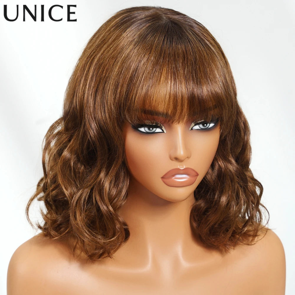 Unice Hair Brown Colored Loose Wave Wig With Bangs 4x2 Lace Short Bob Wig Human Hair Glueless Wig 150% Density