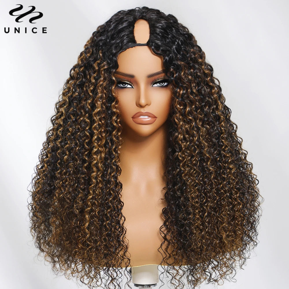 UNICE Hair Balayage Highlights Curly V Part Wig With Drawstring Clip-In Human Hair Wigs No Glue Minimal Leave-out 150% Density