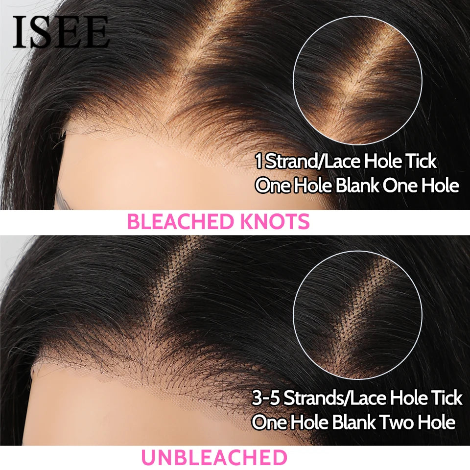 ISEE Hair Glueless Wig Wear And Go Pre Bleached Knots Bone Straight Human Hair Wigs PrePlucked HD Transparent Lace Closure Wig