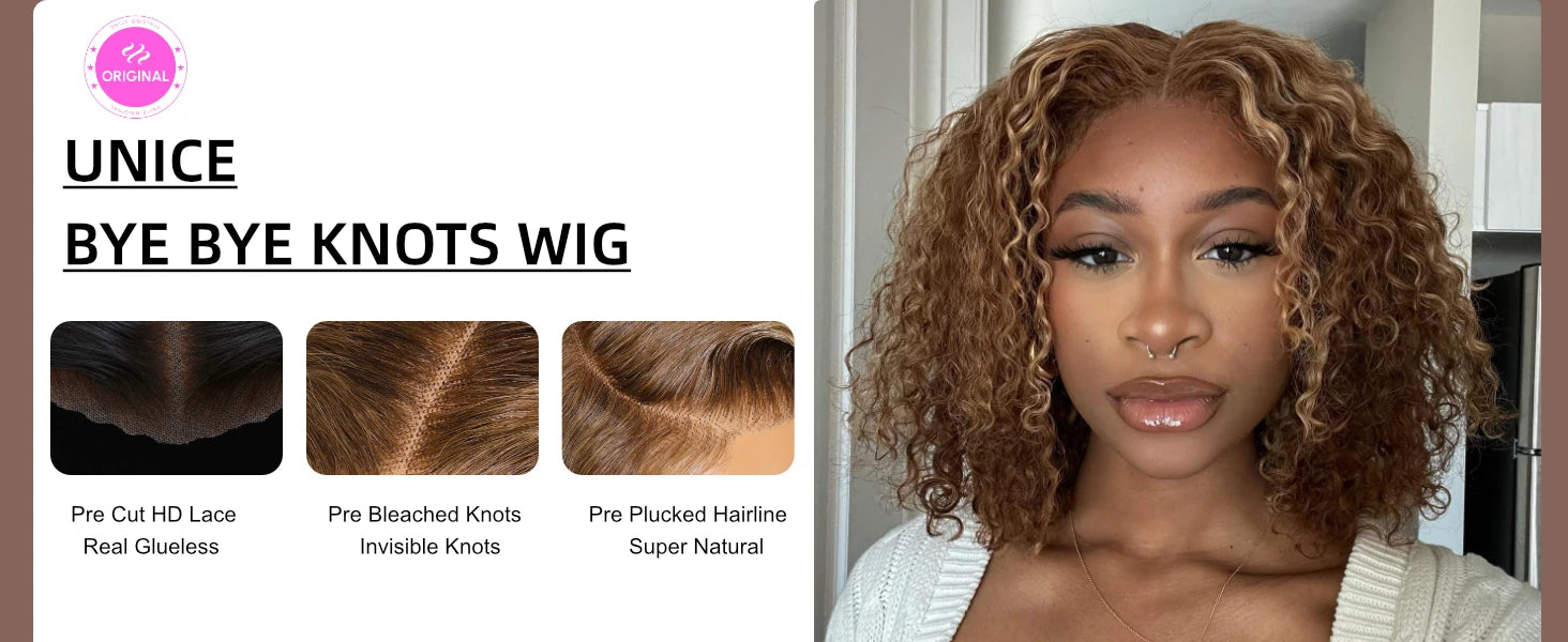 UNice 7x5 Glueless Water Wave Bob Wig Honey Blonde Highlight Pre Bleached Pre Cut Lace Closure Wig Human Hair Wig Ready To Wear