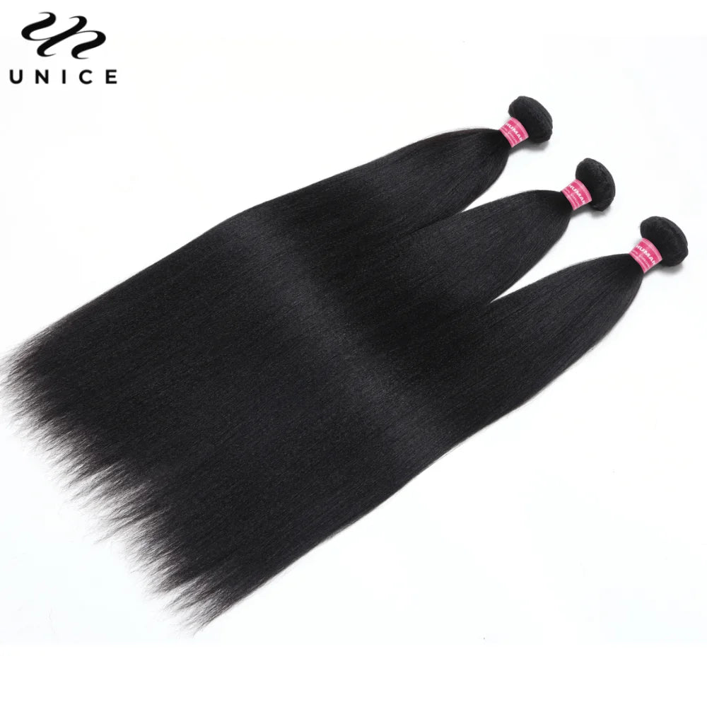UNice Hair Yaki Straight Hair Bundles 3PCS Deal 100% Human Hair 10A Grade Natural Color Sew In Bundles Quick Weaves