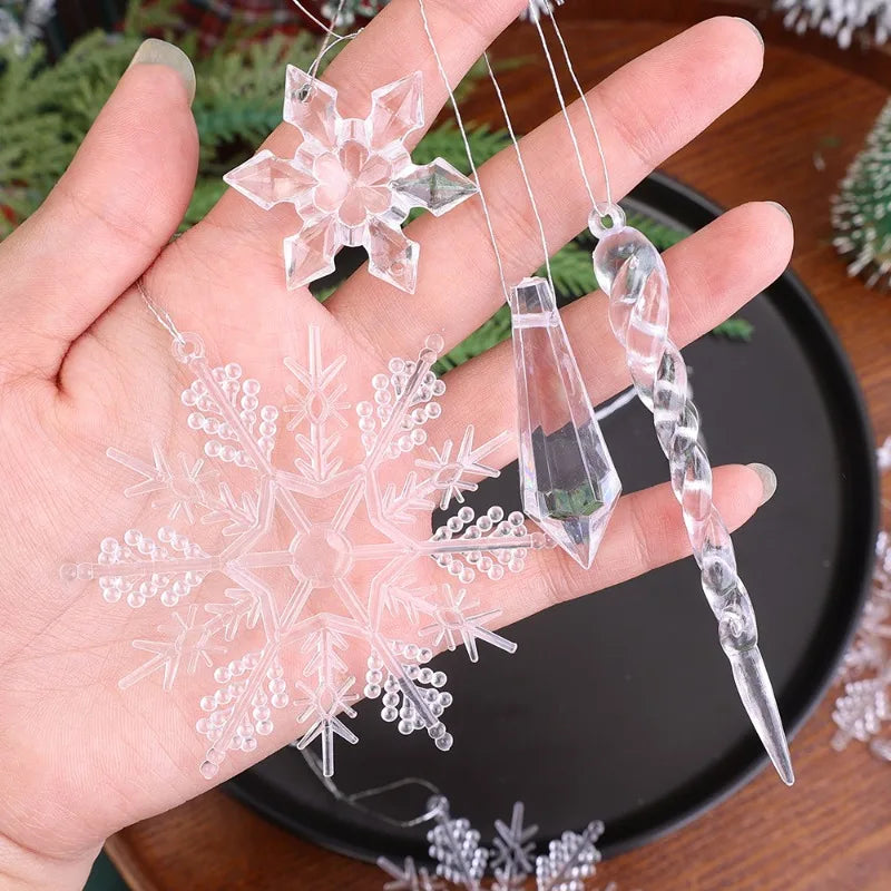 5-48Pcs Christmas Ornaments Crystal Tree Decorations Transparent Ice Strip Pendant DIY Teardrop Chandelier Xmas Wedding Beads