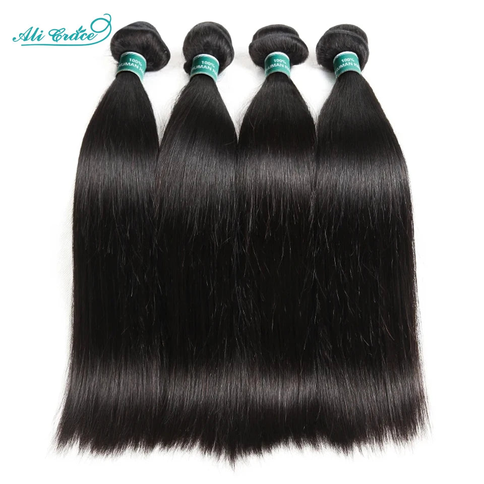 ALI GRACE Hair Brazilian Straight Human Hair 4 Bundles 100% Remy Human Hair Weaves Natural Color Straight Hair Bundle 10-28 inch