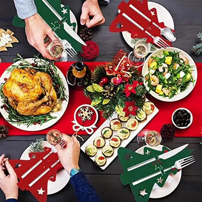 New 10-1PC Christmas Tree Cutlery Knife Fork Covers Table Decor Xmas Tableware Pocket Holder Bag New Year Xmas Party Decor Gifts