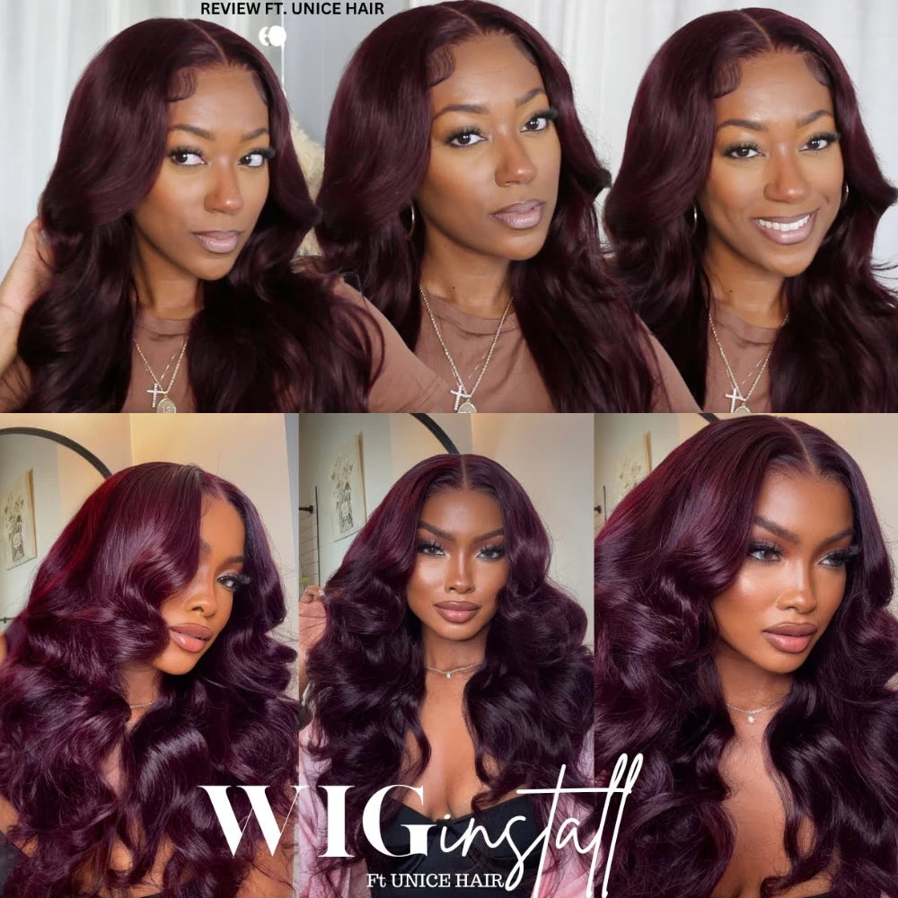 UNICE Black Cherry Loose Wave Curtain Bangs Wig With Invisi Drawstring 7x5 13x4 Pre Cut Pre Bleached Glueless Wig Human Hair
