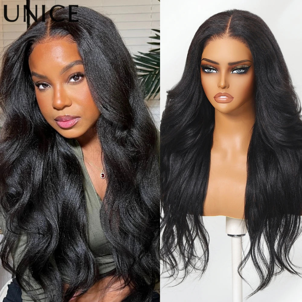 Unice Hair Wavy Yaki Straight Wig With Flip Out Bang 7x5 Pre Cut Pre Bleached Glueless Wig Human Hair Ready To Wear 150% Density