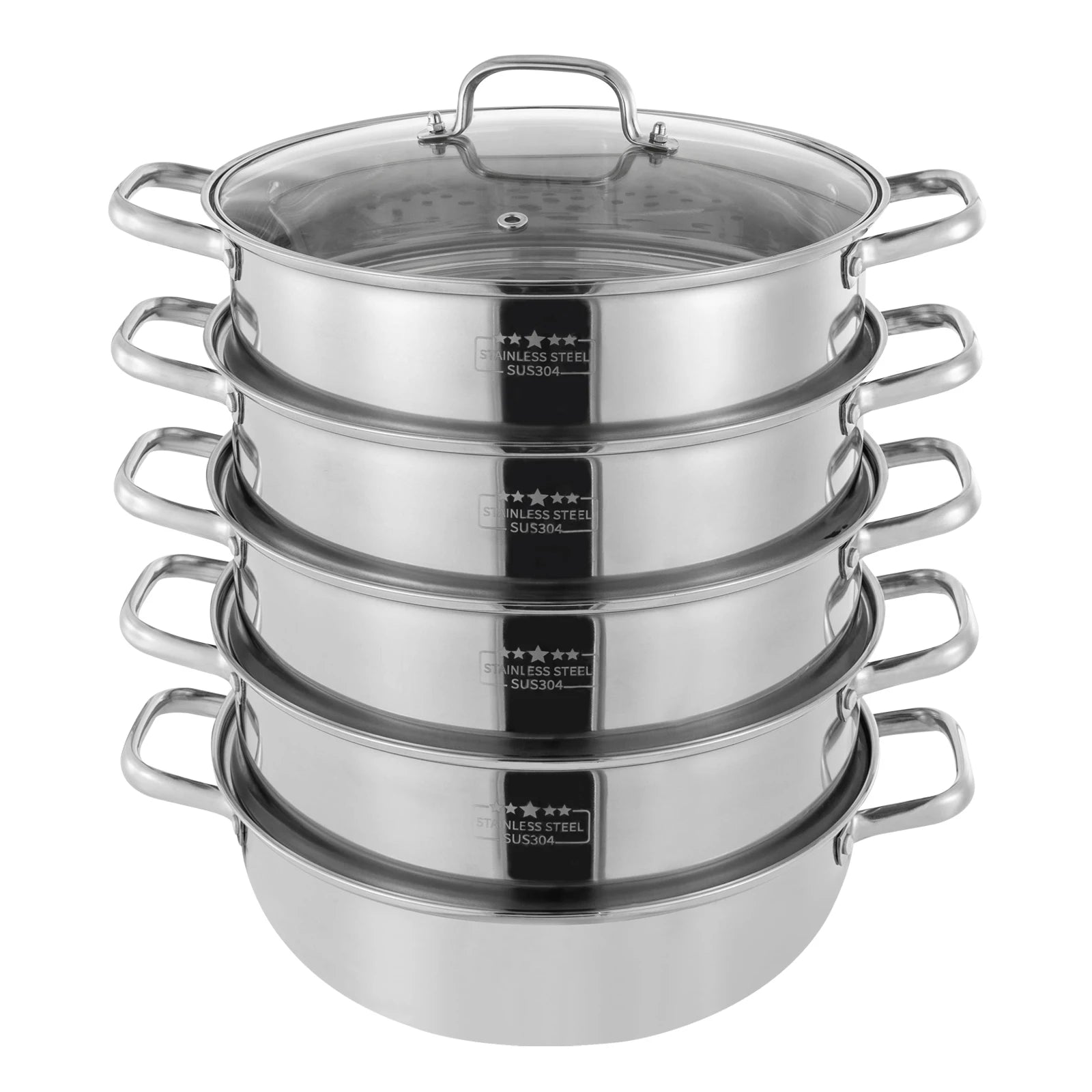 5 Tier  26/28/30/32cm Steame Cooker Steamer Pan Cook Food Veg Pot Stainless Steel Silver w/Glass Lid